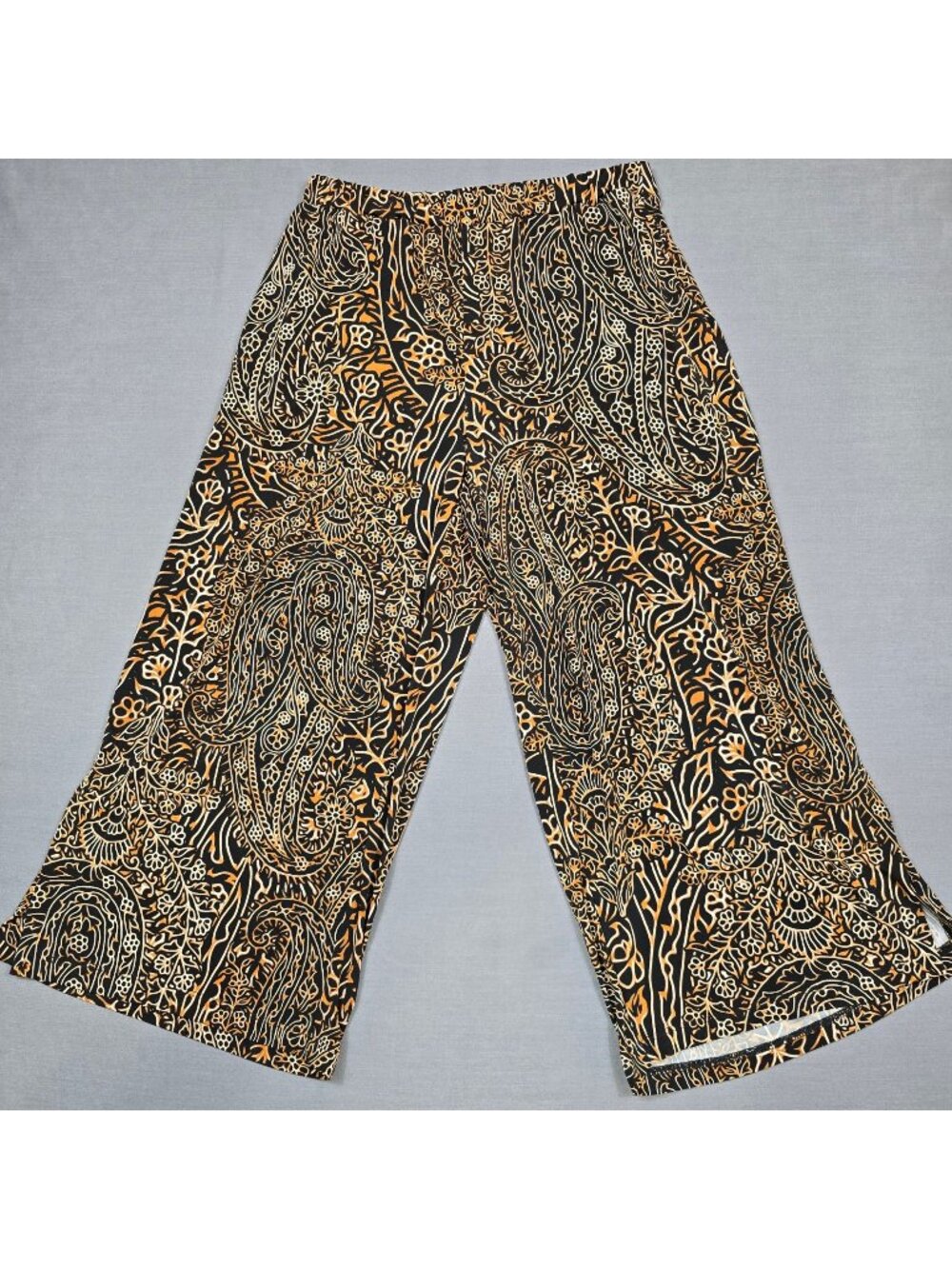 Susan Graver Paisley Wide Leg Pull-On Liquid Knit Pants XXS Black & Gold